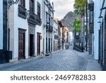 Picturesque streets with colorful buildings and views of the great mountain in the background, Santa Cruz de la Palma, Canary Islands.