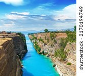 Picturesque summer landscape of the Corinth Canal in a bright sunny day in Greece