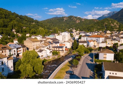 Picturesque summer mountain landscape with small French town of Ax-les-Thermes, Ariege department