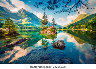 Picturesque summer scene of Hintersee lake. Colorful morning view of Austrian Alps, Salzburg-Umgebung district, Austria, Europe. Beauty of nature concept background. - Shutterstock ID 722556727