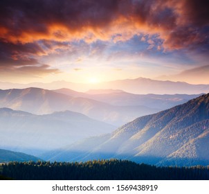 Picturesque sunset in the summer mountains. Location place of Carpathian mountains, Ukraine, Europe. Incredible natural wallpaper. Evening light illuminates the valley. Discover the beauty of earth. - Shutterstock ID 1569438919