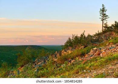 Picturesque Sunset In Summer Northern Hills. Finnish Lapland