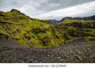 The picturesque view along a famous Laugavegur hiking trail. Amazing Icelandic landscape of volcanic mountains and glacier in cloudy weather with green grass and moss. Iceland in august. 