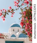 Picturesque View of Blue Dome in Santorini Greece, Greek Islands, Greek Churches  