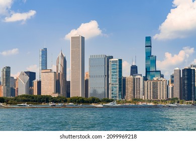 A picturesque view of Downtown skyscrapers of Chicago skyline panorama over Lake Michigan at daytime, Chicago, Illinois, USA