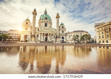 Picturesque view of famous Saint Charles Church (Wiener Karlskirche). Location place Karlsplatz in Vienna, Austria, Europe. Photo of popular tourist attraction. Discover the beauty of earth.