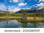 A picturesque view of majestic mountains and lush forest mirrored in a tranquil lake under a bright blue sky in British Columbia, Canada.