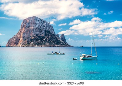 Picturesque view of the mysterious island of Es Vedra. Ibiza, Balearic Islands. Spain