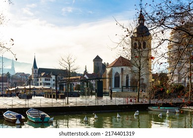 Picturesque view of old French town of Annecy with Thiou river