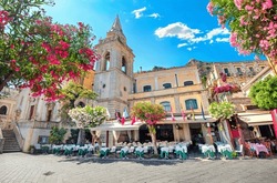 Picturesque View Of San Giuseppe Church At IX Aprile Square In Taormina. Sicily, Italy
