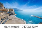 Picturesque view of small town Atrani with charming architecture and stunning seaside view on Amalfi Coast, Campania region, Italy. Amalfi coast is popular travel and holyday destination in Italy