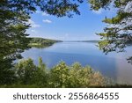 Picturesque view of the Volga River in the thickets of pine needles, Ivanovo region of Russia