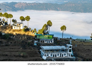 A picturesque village in Almora with terraced fields, houses painted in white and green, surrounded by pine trees. A misty valley stretches behind, rolling hills, cloud bed and a clear blue sky above. - Powered by Shutterstock