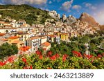 The picturesque village of Castelmezzano, province of Potenza, Basilicata, Italy. Cityscape aerial view of medieval city of Castelmazzano, Italy. Castelmezzano village in Apennines Dolomiti Lucane.