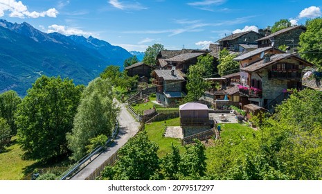 The Picturesque Village Of Petit Rhun Near Saint Vincent. Aosta Valley, Northern Italy.