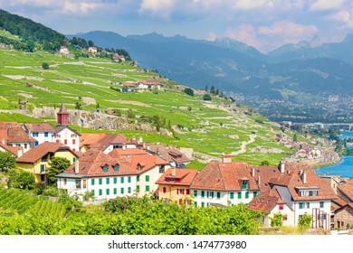 Picturesque village Rivaz located on slopes by Lake Geneva, Switzerland. Swiss summer. Lavaux wine region, UNESCO Heritage. Switzerland landscape. Tourist destinations