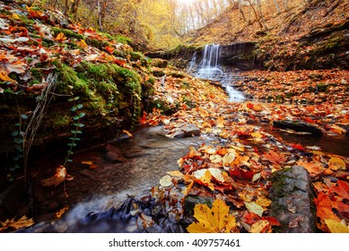 The picturesque waterfall of the autumn forest. - Shutterstock ID 409757461