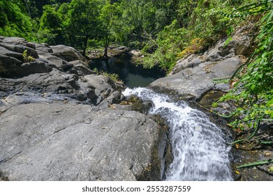 A picturesque waterfall flows gracefully over rocky surfaces, nestled in a lush tropical jungle. Sunlight filters through dense greenery, creating a serene atmosphere. - Powered by Shutterstock