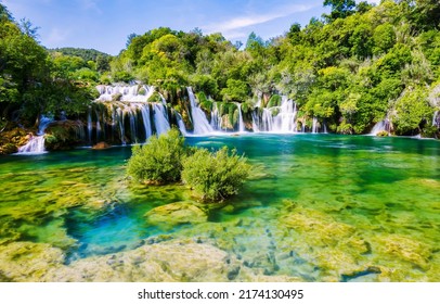 Picturesque waterfalls cascades landscape. Waterfall cascades. Waterfall landscape. Beautiful summer waterfall