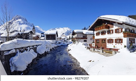 Picturesque winter landscape with river. Lech, Austria