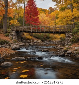 A picturesque wooden bridge crossing a small stream, surrounded by trees in full fall foliage. The bright red, orange, and yellow leaves frame the bridge, creating a peaceful, idyllic scene. - Powered by Shutterstock