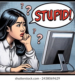 A picure of a person sitting in front of a computer staring confused into a suspicious email, with the word "STUPID" written over the persons head.
