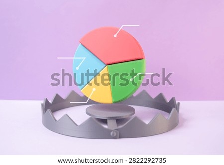Pie chart in a trap. False statistics that can deceive investors or buyers. Unreliable source of information. Unprofitable company.