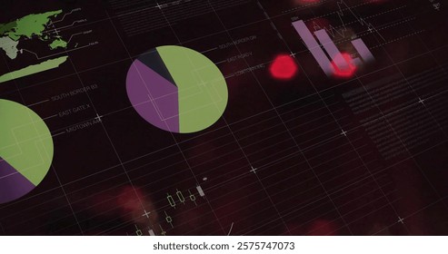 Pie charts and financial graphs image over blurred red lights background. Finance, financials, analytics, data, economy, statistics