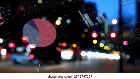 Pie charts and world map image over blurred city street lights at night. Data, analytics, visualization, statistics, global, technology