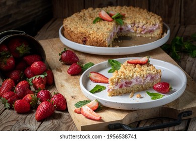 Pie with curd filling and shortcrust pastry strawberries. Sbricholata. - Shutterstock ID 1956538741