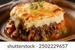 Shepherd’s Pie - Ground meat with vegetables, topped with mashed potatoes, baked.
