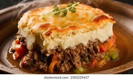 Shepherd’s Pie - Ground meat with vegetables, topped with mashed potatoes, baked.
 - Powered by Shutterstock