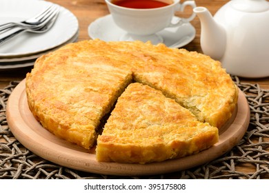 Pie With Minced Meat On Wooden Background.