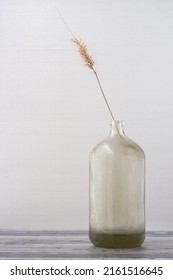 A Piece Of Blue Buffel Grass (cenchrus Ciliaris) Is Captured Inside An Antique Seltzer Water Bottle, Minimalist And Monochromatic.