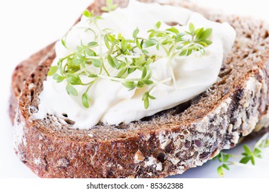 Piece of bread with fresh curd and cress