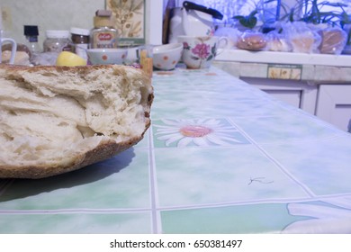 A piece of bread lying on the table