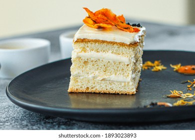 Piece Of Cake Biscuit Cream Sweet Dessert Slice Layers Vanilla Kurd On The Table Meal Snack Top View Copy Space For Text Food Background Rustic Image