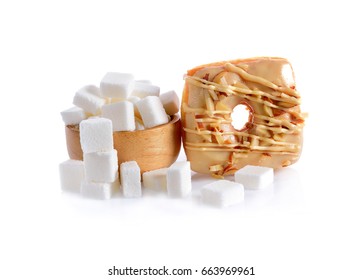 Piece Of  Cake And  Suger Cube Isolated On White Background