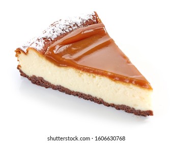 Piece Of Caramel Cheesecake Isolated On White Background