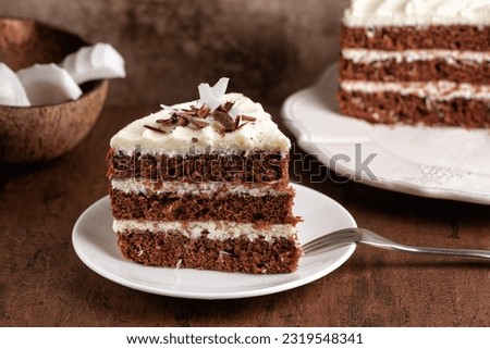 A piece of chocolate cake with fresh coconut cream on a dark brown background. Coconut fruit on background.