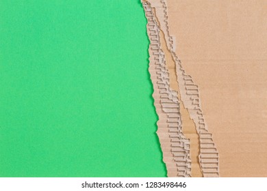 Piece Of Corrugated Cardboard With Torn Paper Edge On Green Background