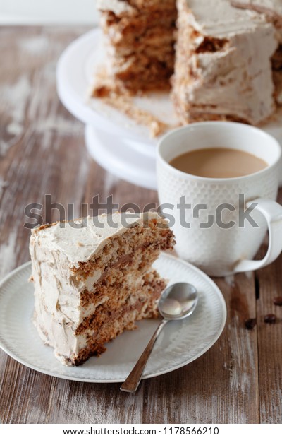 Piece Crispy Coffee Nut Meringue Cake Food And Drink Stock Image