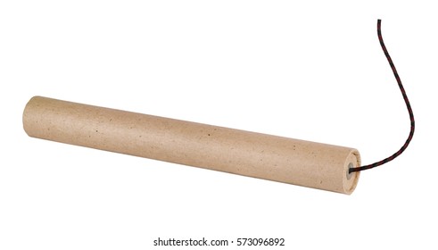 Un trozo de dinamita con un cable de fusibles, aislado sobre fondo blanco Foto de stock