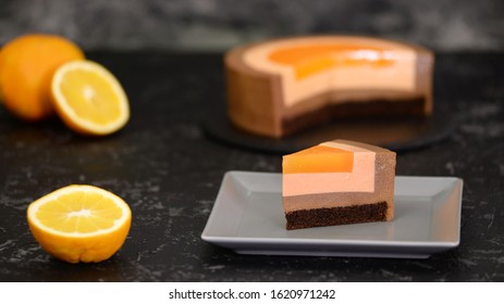 Piece Of French Chocolate Orange Mousse Cake.