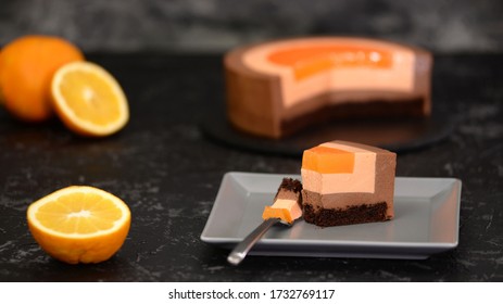 Piece Of French Chocolate Orange Mousse Cake.