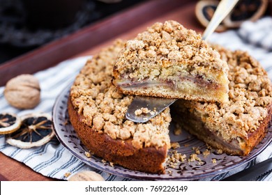 Piece Of Fresh Homemade Apple And Cinnamon Crumb Coffee Cake