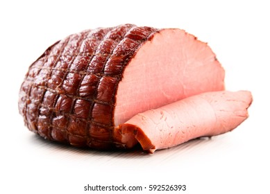 Piece of ham isolated on white background. Meatworks product - Shutterstock ID 592526393