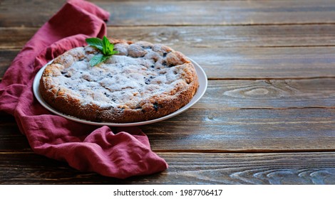 Piece Of Homemade Simple Pie With Fresh Red Raspberries And Black Mulberry On A Dark Wooden Rustic Background. Summer Berry Dessert. Sugar Powder.