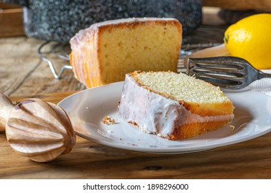 A piece of lemon pound cake on a plate
