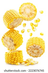 Piece Of Maize Cob Or Corn Cob And Corn Seeds Flying In Air Isolated On White Background. 